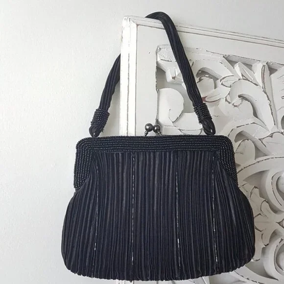 Jessica McClintock Black Beaded Evening Bag with Kiss Lock - Picture 1 of 10